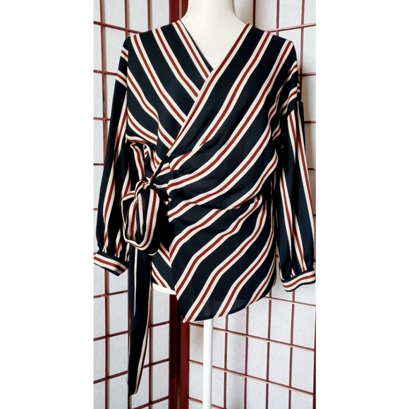 Zara Black Striped V-Neck Long Sleeve True Wrap Blouse - Picture 5 of 16